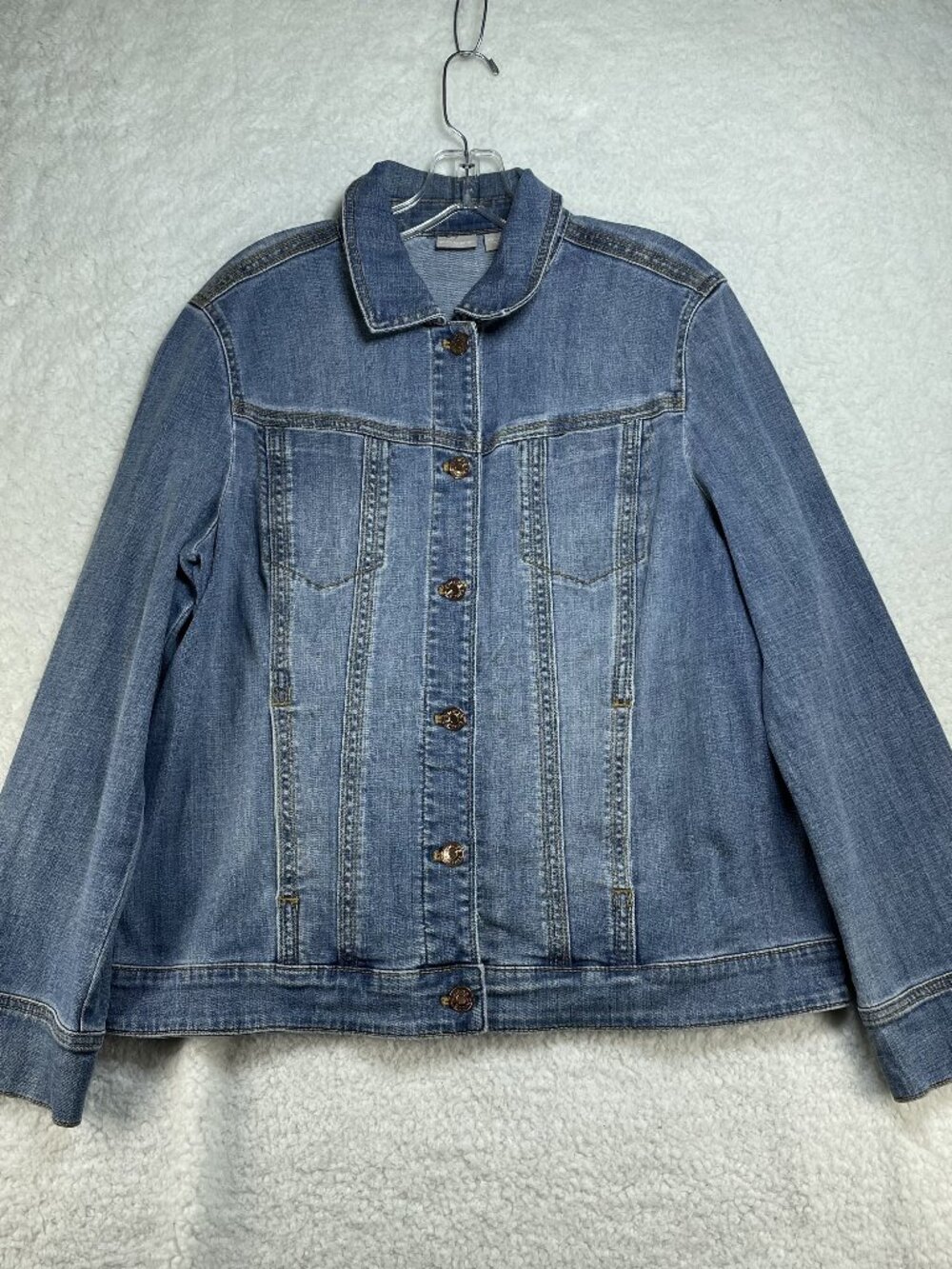 Chico's Denim Blue Jean Jacket Womens Size 2 US 12/14 Large Pockets